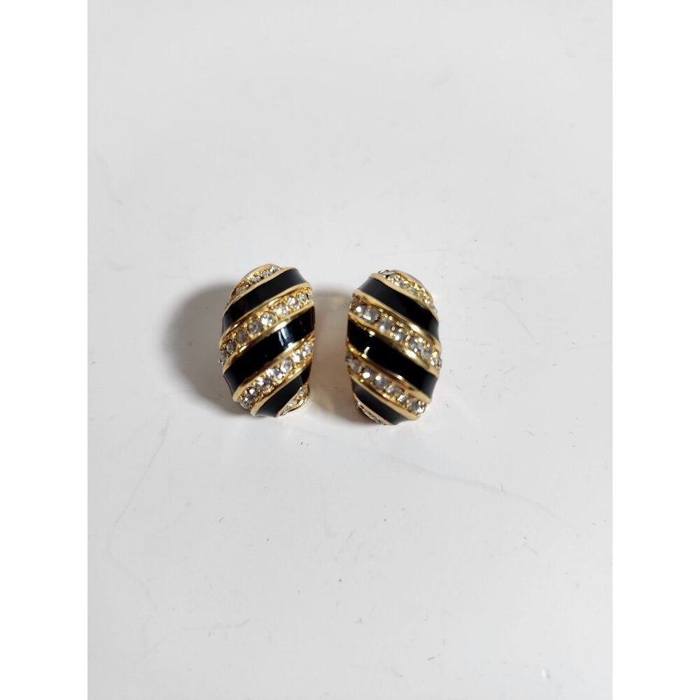 Vintage Christian Dior Gold Tone Black Enamel & Rhinestone Clip-On Earrings